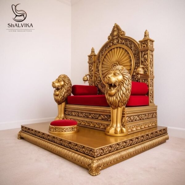 Traditional Wooden Guruji Chair Singhasan in Teak Wood with Lion Handles view 4