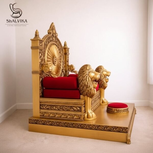Traditional Wooden Guruji Chair Singhasan in Teak Wood with Lion Handles view 5