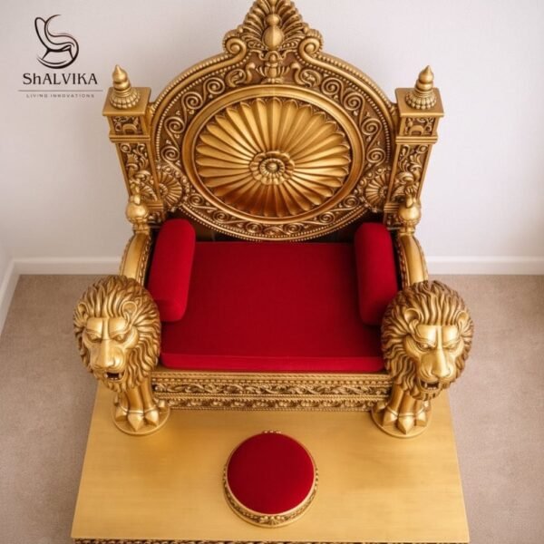 Traditional Wooden Guruji Chair Singhasan in Teak Wood with Lion Handles view 6