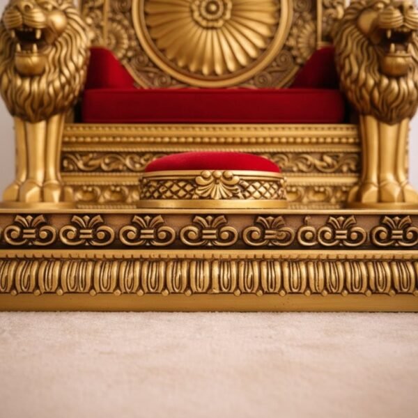 Traditional Wooden Guruji Chair Singhasan in Teak Wood with Lion Handles view 8