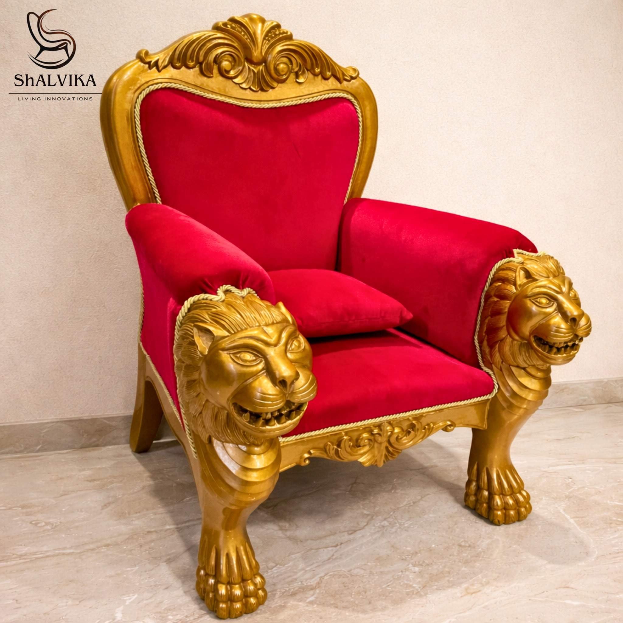 Wooden Guruji Chair with Lion Faces in Teak Wood & Red Velvet view 3