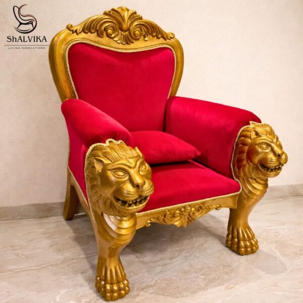 Wooden Guruji Chair with Lion Faces in Teak Wood & Red Velvet