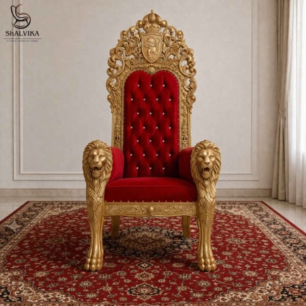 Wooden Handcrafted King Chair in Teak Wood with Gold Deco Paint - Shalvika Living