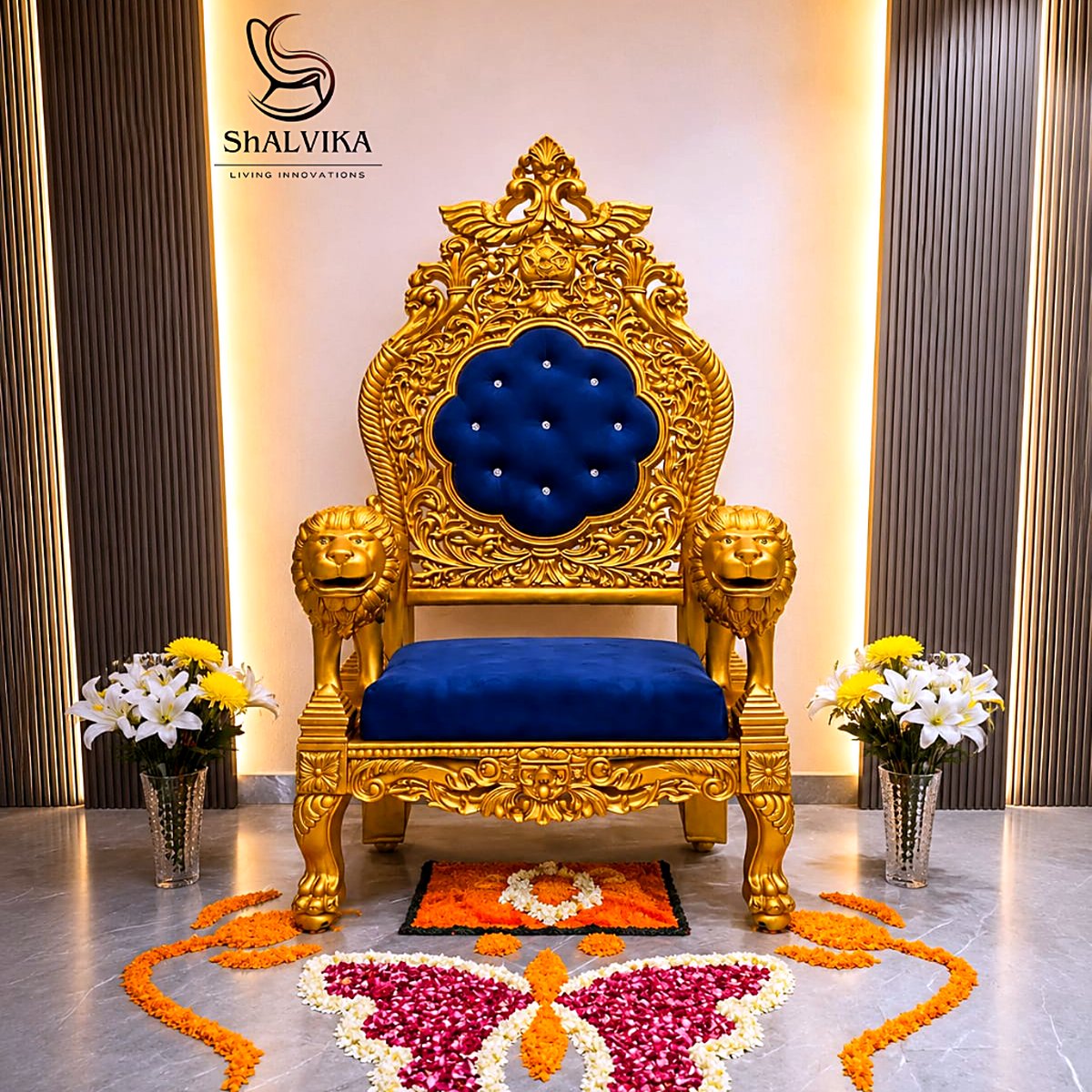 Antique Gold Guruji Chair with Blue Velvet