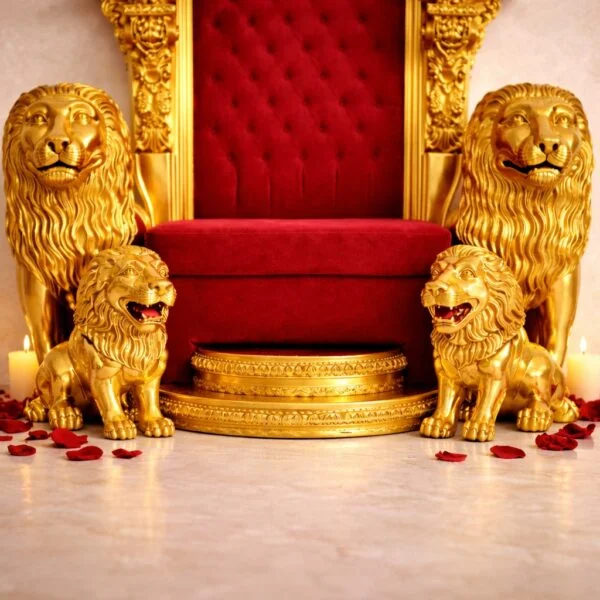 Grand Wooden Guruji Singhasan with Lion Carving view