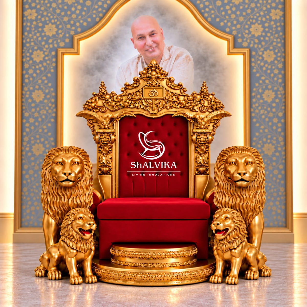 Grand Wooden Guruji Singhasan with Lion Carving