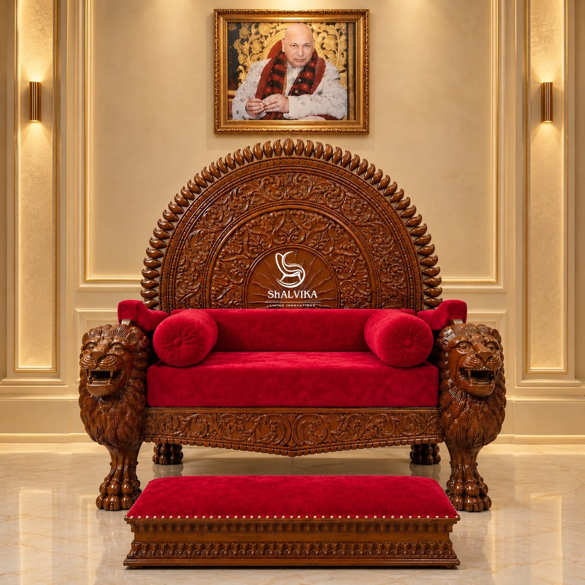 Maharaja Wooden Guruji Singhasan Sofa – Lion Carving